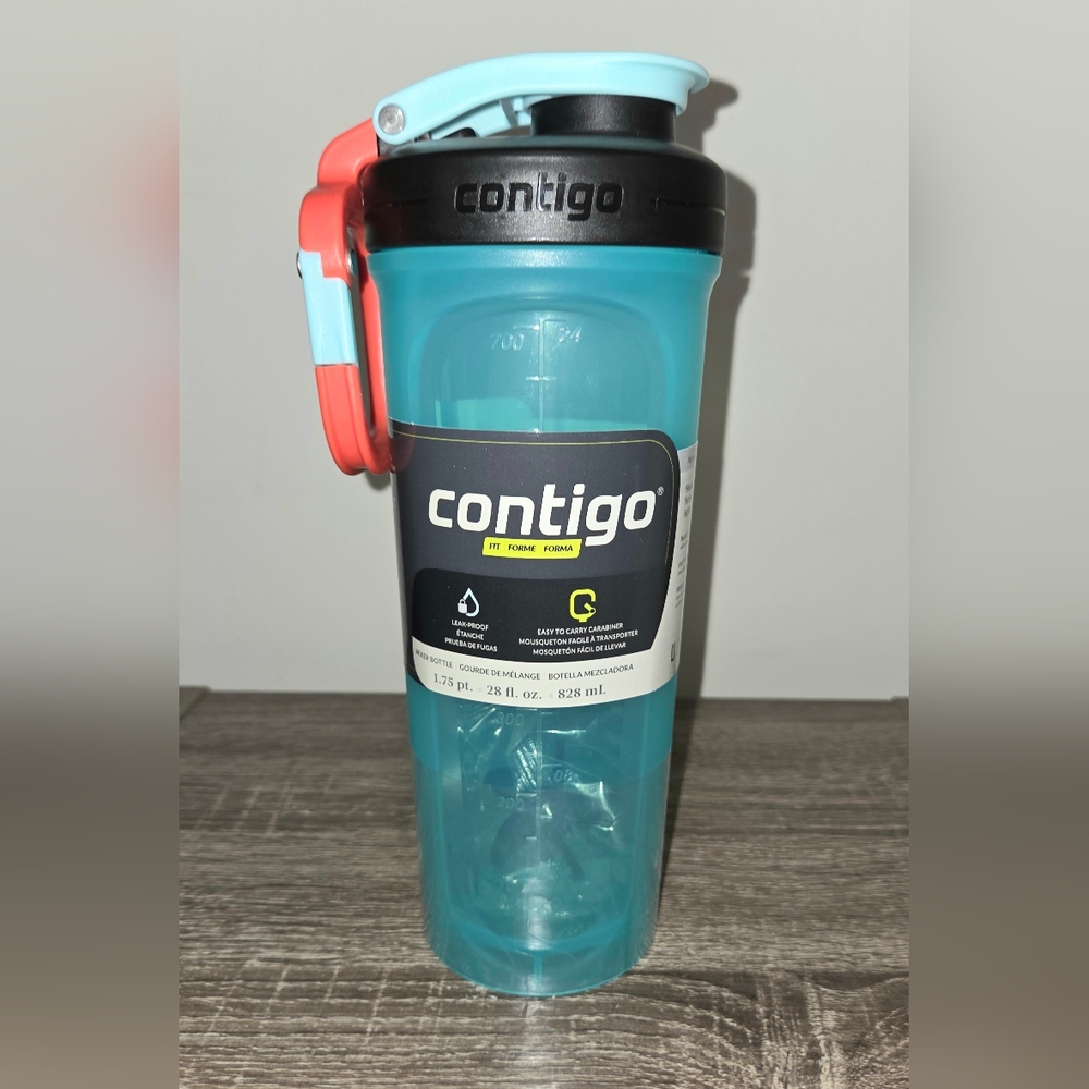 Contigo Teal Shake & Go Fit Mixer Bottle 28 Fl oz. (828ml) Carabiner Handle New.